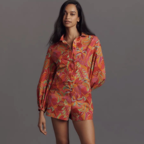 NWT FARM RIO X ANTHROPOLOGIE WOMENS LONG SLEEVE COLLARED ROMPER TROPICAL MEDIUM - Picture 1 of 7